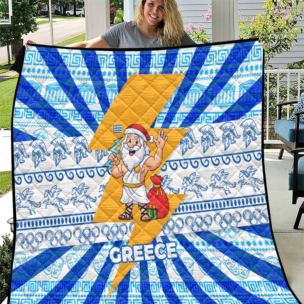 Greece Christmas Quilt with Zeus Santa Greek Flag Lightning Bolt Gift Bag and Blue Yellow Pattern Design - Wonder Print Shop