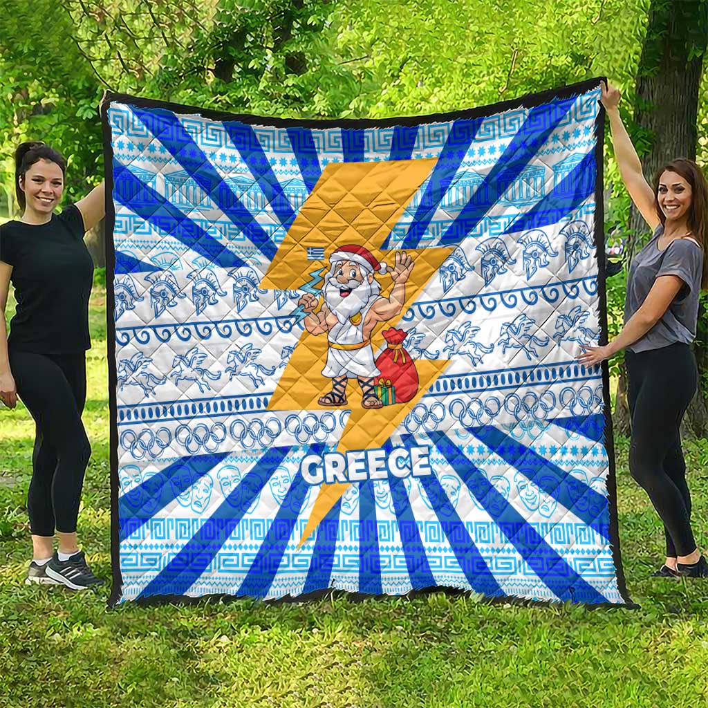 Greece Christmas Quilt with Zeus Santa Greek Flag Lightning Bolt Gift Bag and Blue Yellow Pattern Design - Wonder Print Shop