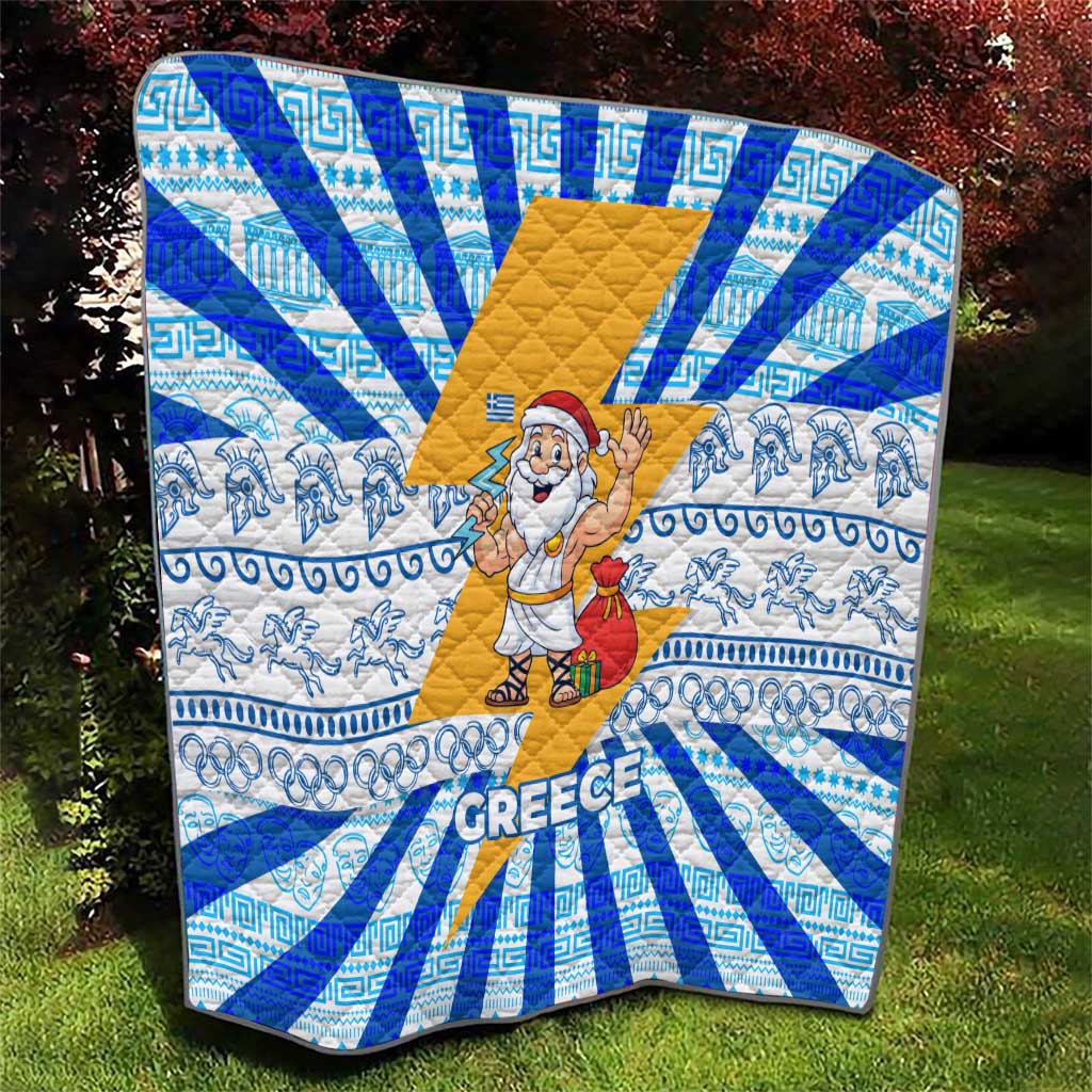 Greece Christmas Quilt with Zeus Santa Greek Flag Lightning Bolt Gift Bag and Blue Yellow Pattern Design - Wonder Print Shop