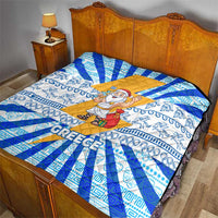 Greece Christmas Quilt with Zeus Santa Greek Flag Lightning Bolt Gift Bag and Blue Yellow Pattern Design - Wonder Print Shop