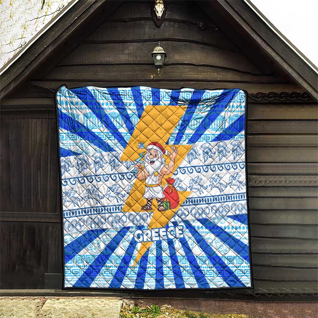 Greece Christmas Quilt with Zeus Santa Greek Flag Lightning Bolt Gift Bag and Blue Yellow Pattern Design - Wonder Print Shop