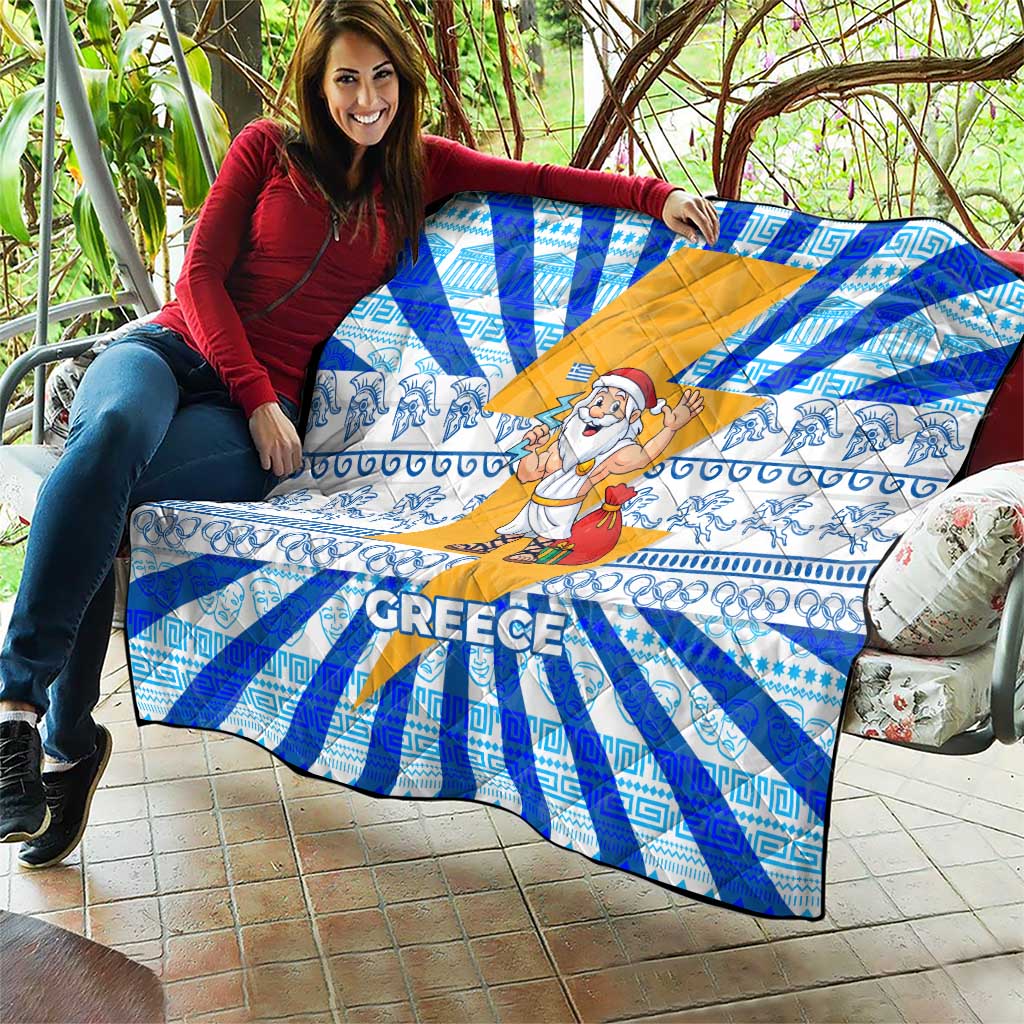 Greece Christmas Quilt with Zeus Santa Greek Flag Lightning Bolt Gift Bag and Blue Yellow Pattern Design - Wonder Print Shop