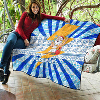 Greece Christmas Quilt with Zeus Santa Greek Flag Lightning Bolt Gift Bag and Blue Yellow Pattern Design - Wonder Print Shop