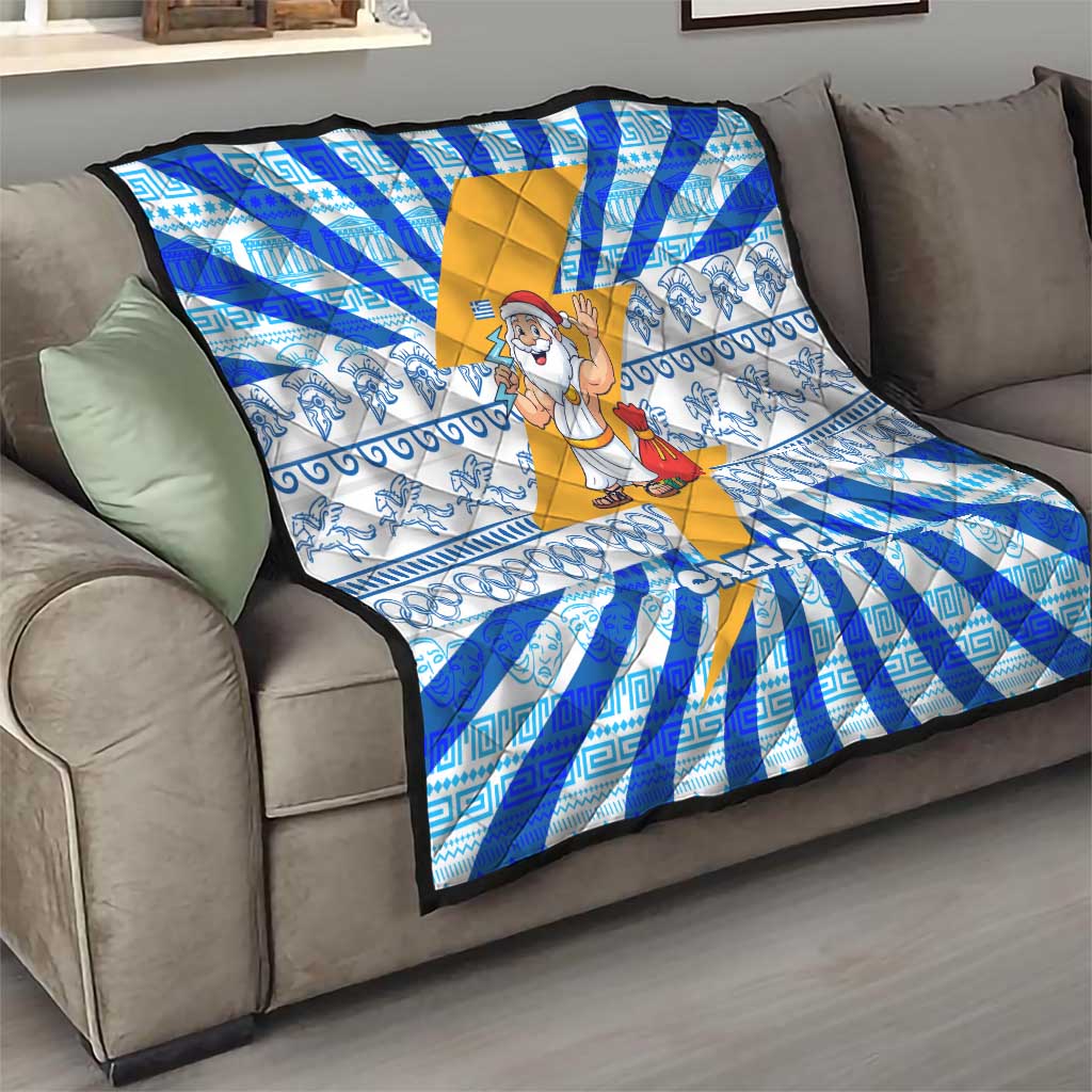 Greece Christmas Quilt with Zeus Santa Greek Flag Lightning Bolt Gift Bag and Blue Yellow Pattern Design - Wonder Print Shop