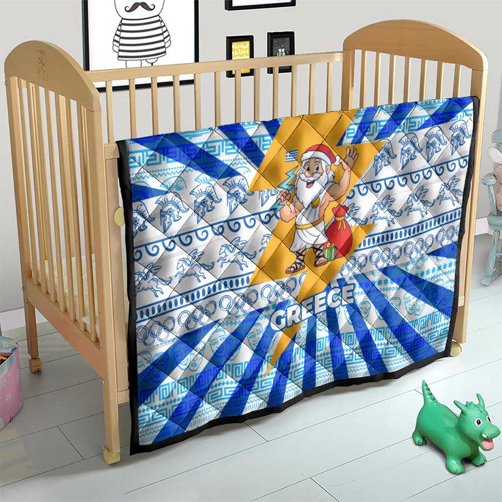 Greece Christmas Quilt with Zeus Santa Greek Flag Lightning Bolt Gift Bag and Blue Yellow Pattern Design - Wonder Print Shop