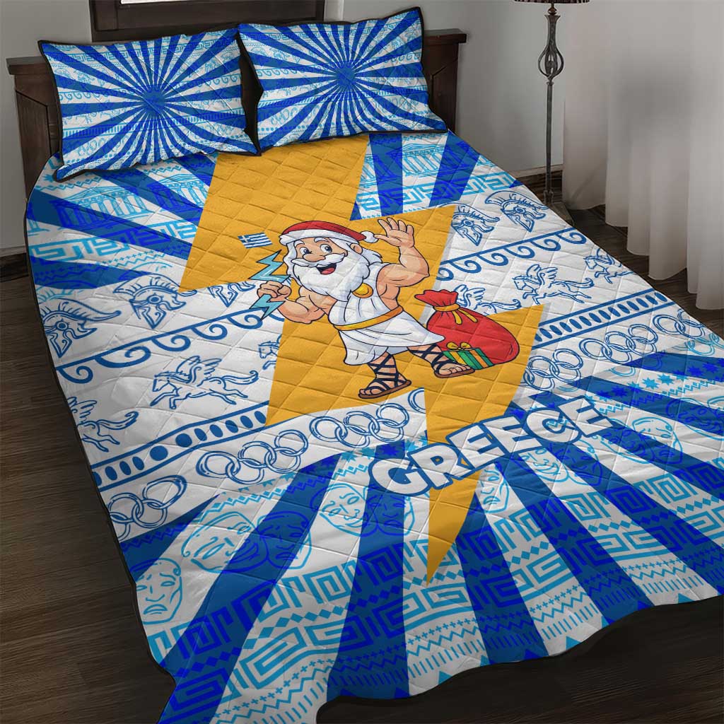 Greece Christmas Quilt Bed Set with Zeus Santa Greek Flag Lightning Bolt Gift Bag and Blue Yellow Pattern Design - Wonder Print Shop
