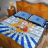 Greece Christmas Quilt Bed Set with Zeus Santa Greek Flag Lightning Bolt Gift Bag and Blue Yellow Pattern Design - Wonder Print Shop