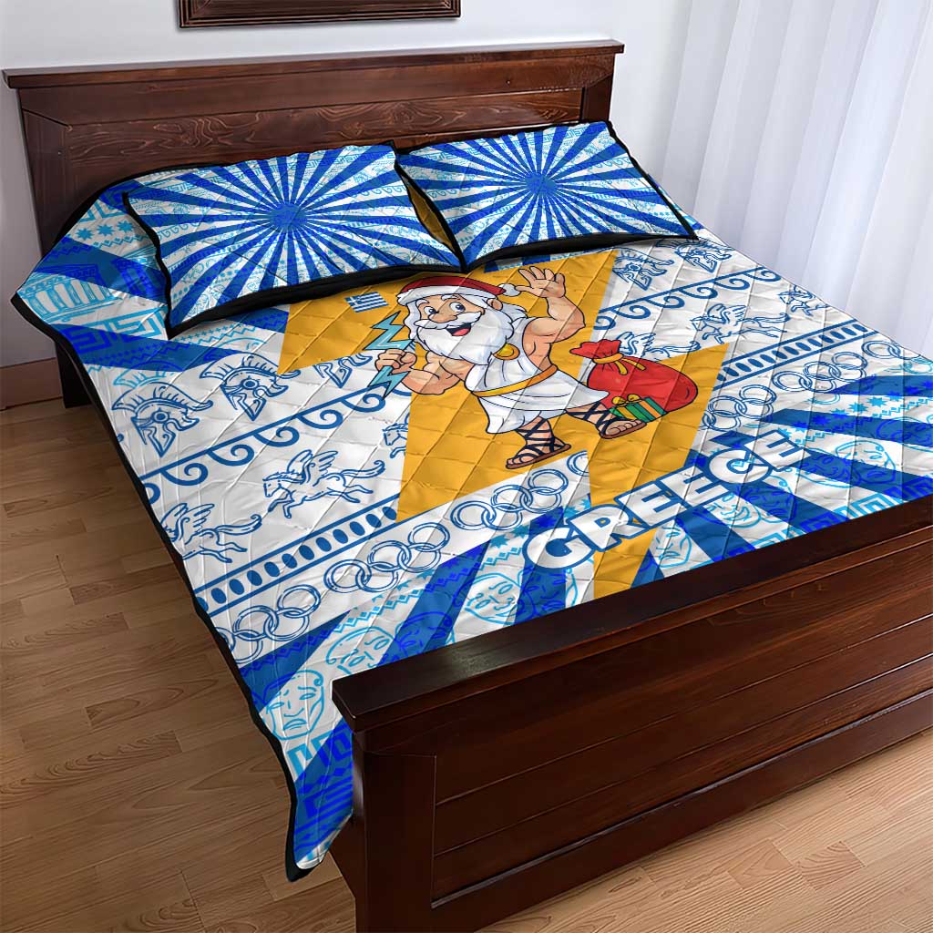 Greece Christmas Quilt Bed Set with Zeus Santa Greek Flag Lightning Bolt Gift Bag and Blue Yellow Pattern Design - Wonder Print Shop