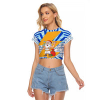 Greece Christmas Raglan Cropped T Shirt with Zeus Santa Greek Flag Lightning Bolt Gift Bag and Blue Yellow Pattern Design - Wonder Print Shop