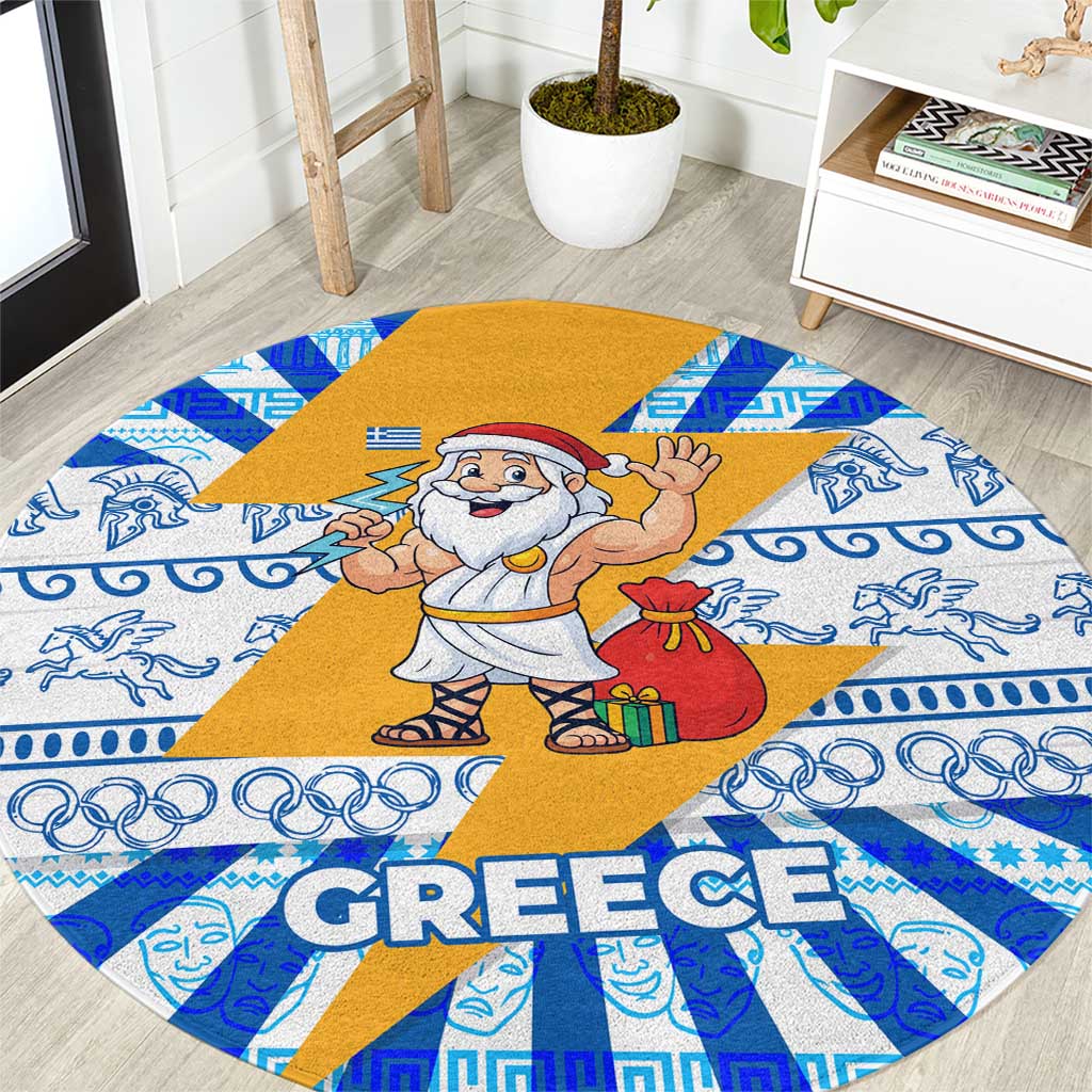 Greece Christmas Round Carpet with Zeus Santa Greek Flag Lightning Bolt Gift Bag and Blue Yellow Pattern Design - Wonder Print Shop