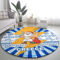 Greece Christmas Round Carpet with Zeus Santa Greek Flag Lightning Bolt Gift Bag and Blue Yellow Pattern Design - Wonder Print Shop