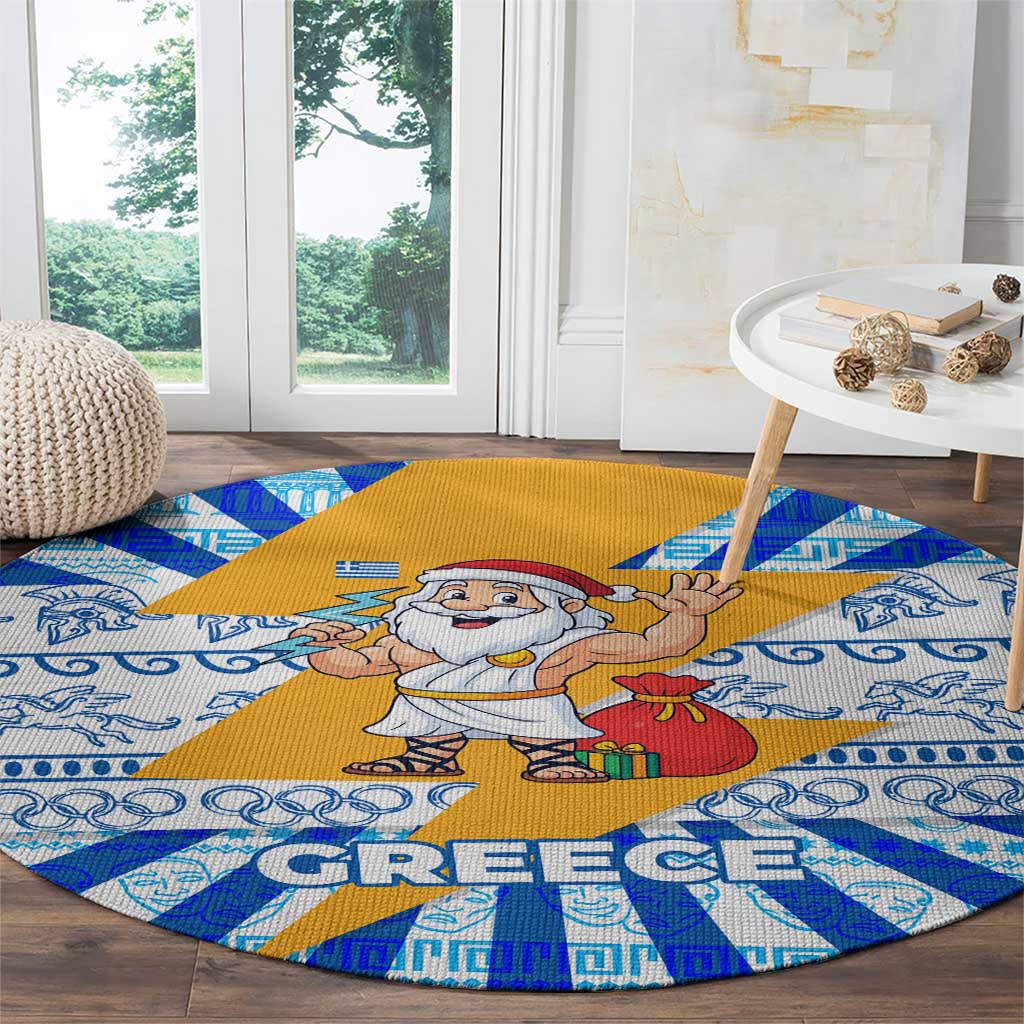 Greece Christmas Round Carpet with Zeus Santa Greek Flag Lightning Bolt Gift Bag and Blue Yellow Pattern Design - Wonder Print Shop
