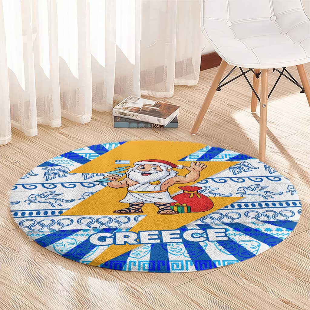 Greece Christmas Round Carpet with Zeus Santa Greek Flag Lightning Bolt Gift Bag and Blue Yellow Pattern Design - Wonder Print Shop