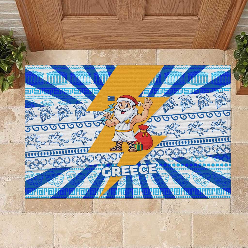 Greece Christmas Rubber Doormat with Zeus Santa Greek Flag Lightning Bolt Gift Bag and Blue Yellow Pattern Design - Wonder Print Shop