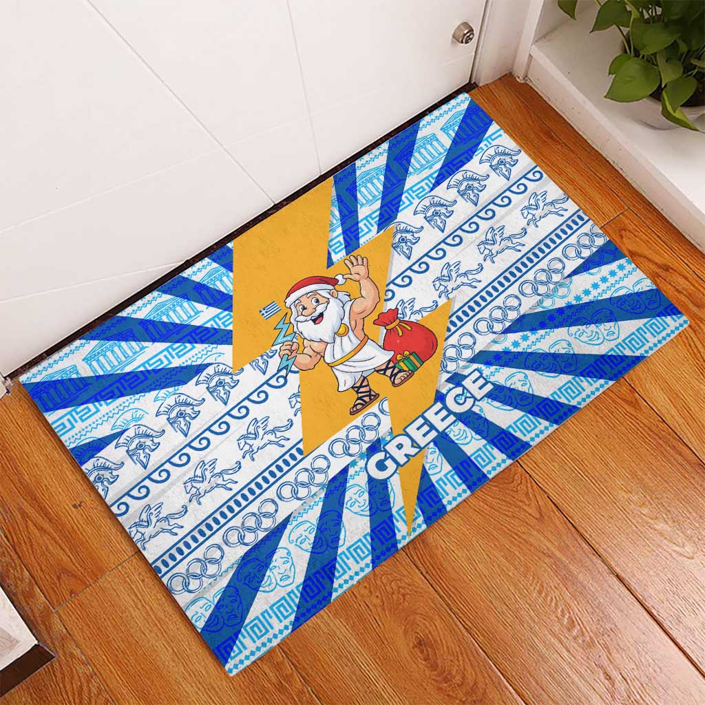 Greece Christmas Rubber Doormat with Zeus Santa Greek Flag Lightning Bolt Gift Bag and Blue Yellow Pattern Design - Wonder Print Shop
