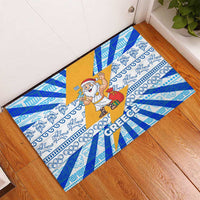 Greece Christmas Rubber Doormat with Zeus Santa Greek Flag Lightning Bolt Gift Bag and Blue Yellow Pattern Design - Wonder Print Shop