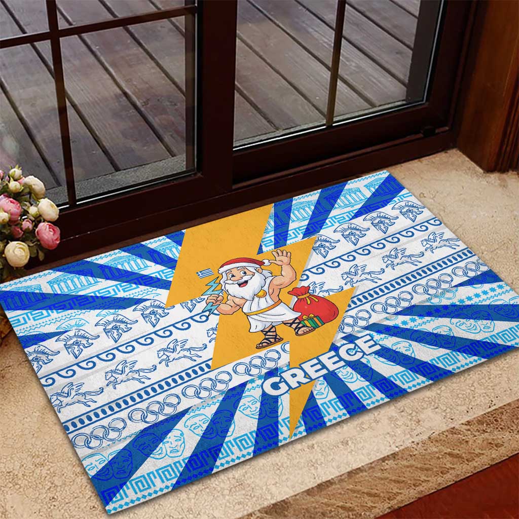 Greece Christmas Rubber Doormat with Zeus Santa Greek Flag Lightning Bolt Gift Bag and Blue Yellow Pattern Design - Wonder Print Shop
