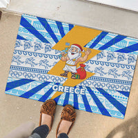 Greece Christmas Rubber Doormat with Zeus Santa Greek Flag Lightning Bolt Gift Bag and Blue Yellow Pattern Design - Wonder Print Shop