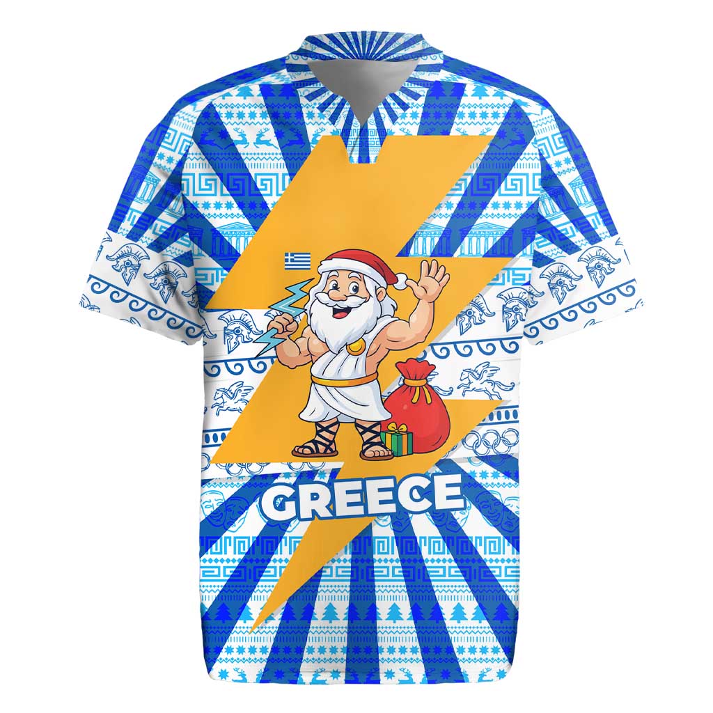 Greece Christmas Rugby Jersey with Zeus Santa Greek Flag Lightning Bolt Gift Bag and Blue Yellow Pattern Design - Wonder Print Shop