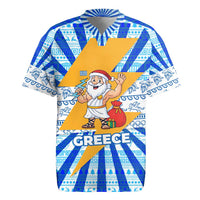 Greece Christmas Rugby Jersey with Zeus Santa Greek Flag Lightning Bolt Gift Bag and Blue Yellow Pattern Design - Wonder Print Shop