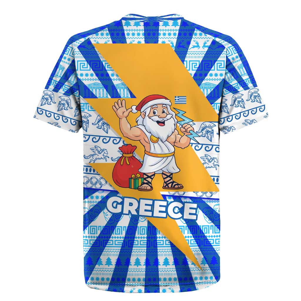Greece Christmas Rugby Jersey with Zeus Santa Greek Flag Lightning Bolt Gift Bag and Blue Yellow Pattern Design - Wonder Print Shop