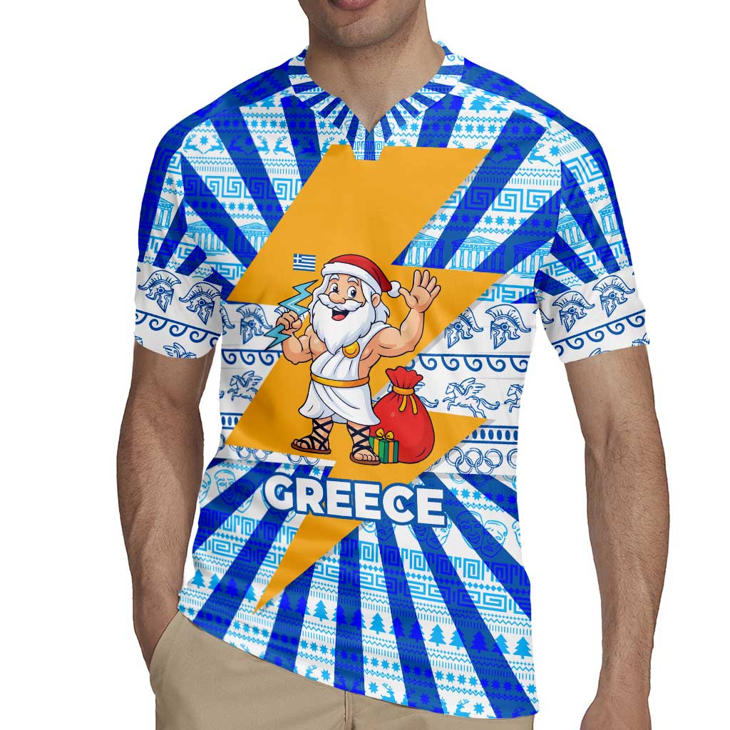 Greece Christmas Rugby Jersey with Zeus Santa Greek Flag Lightning Bolt Gift Bag and Blue Yellow Pattern Design - Wonder Print Shop