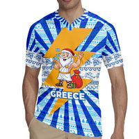 Greece Christmas Rugby Jersey with Zeus Santa Greek Flag Lightning Bolt Gift Bag and Blue Yellow Pattern Design - Wonder Print Shop