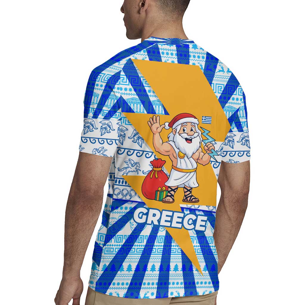 Greece Christmas Rugby Jersey with Zeus Santa Greek Flag Lightning Bolt Gift Bag and Blue Yellow Pattern Design - Wonder Print Shop