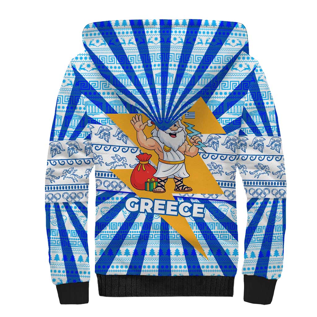 Greece Christmas Sherpa Hoodie with Zeus Santa Greek Flag Lightning Bolt Gift Bag and Blue Yellow Pattern Design - Wonder Print Shop