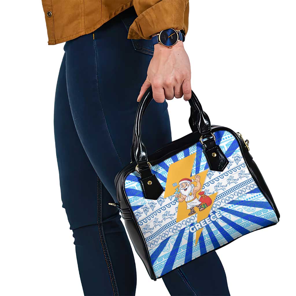 Greece Christmas Shoulder Handbag with Zeus Santa Greek Flag Lightning Bolt Gift Bag and Blue Yellow Pattern Design - Wonder Print Shop