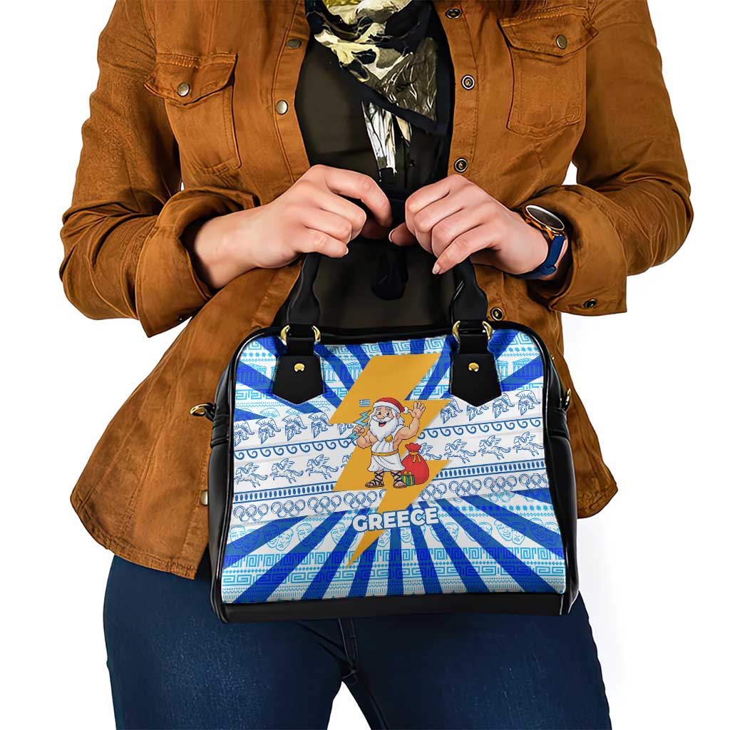 Greece Christmas Shoulder Handbag with Zeus Santa Greek Flag Lightning Bolt Gift Bag and Blue Yellow Pattern Design - Wonder Print Shop
