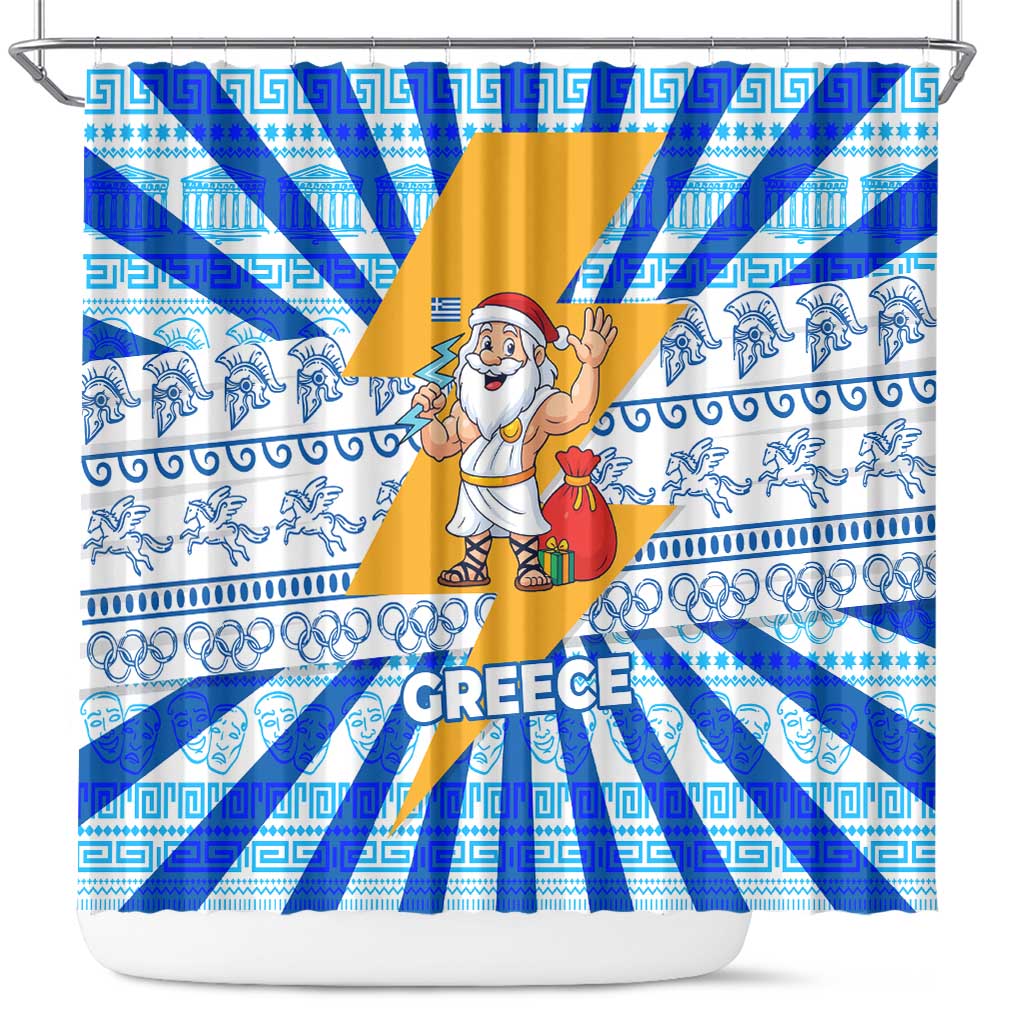 Greece Christmas Shower Curtain with Zeus Santa Greek Flag Lightning Bolt Gift Bag and Blue Yellow Pattern Design - Wonder Print Shop