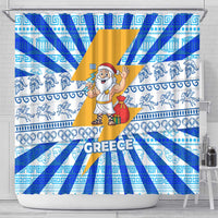 Greece Christmas Shower Curtain with Zeus Santa Greek Flag Lightning Bolt Gift Bag and Blue Yellow Pattern Design - Wonder Print Shop