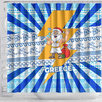 Greece Christmas Shower Curtain with Zeus Santa Greek Flag Lightning Bolt Gift Bag and Blue Yellow Pattern Design - Wonder Print Shop