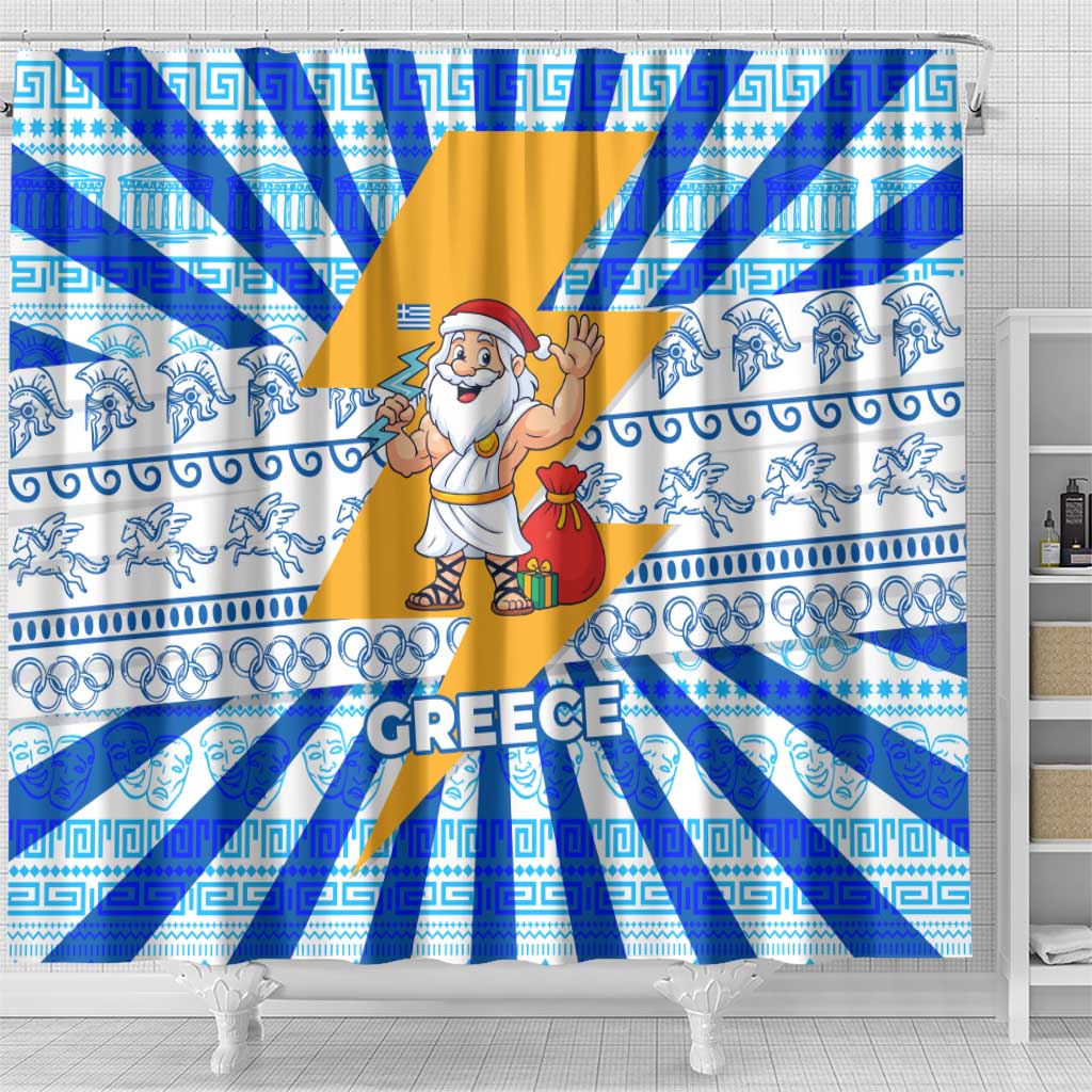 Greece Christmas Shower Curtain with Zeus Santa Greek Flag Lightning Bolt Gift Bag and Blue Yellow Pattern Design - Wonder Print Shop
