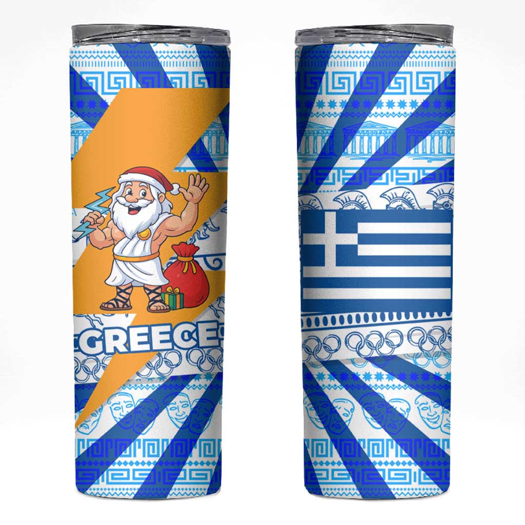 Greece Christmas Skinny Tumbler with Zeus Santa Greek Flag Lightning Bolt Gift Bag and Blue Yellow Pattern Design - Wonder Print Shop