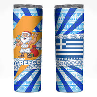 Greece Christmas Skinny Tumbler with Zeus Santa Greek Flag Lightning Bolt Gift Bag and Blue Yellow Pattern Design - Wonder Print Shop