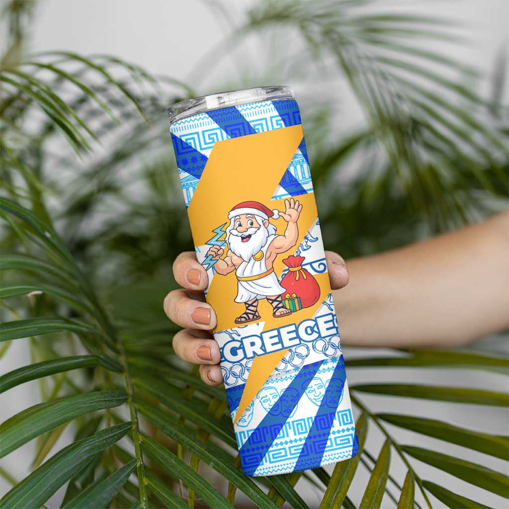 Greece Christmas Skinny Tumbler with Zeus Santa Greek Flag Lightning Bolt Gift Bag and Blue Yellow Pattern Design - Wonder Print Shop