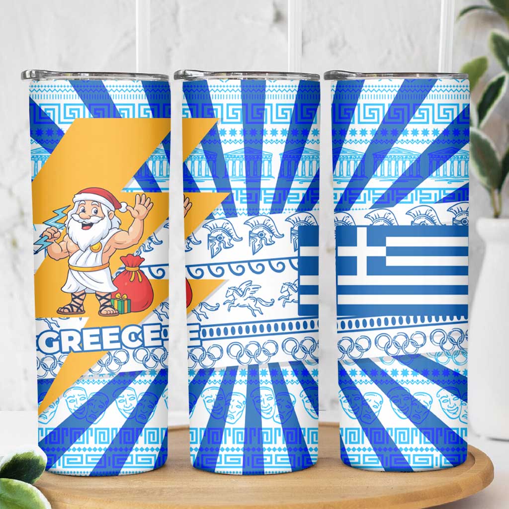 Greece Christmas Skinny Tumbler with Zeus Santa Greek Flag Lightning Bolt Gift Bag and Blue Yellow Pattern Design - Wonder Print Shop