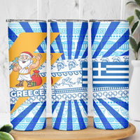 Greece Christmas Skinny Tumbler with Zeus Santa Greek Flag Lightning Bolt Gift Bag and Blue Yellow Pattern Design - Wonder Print Shop