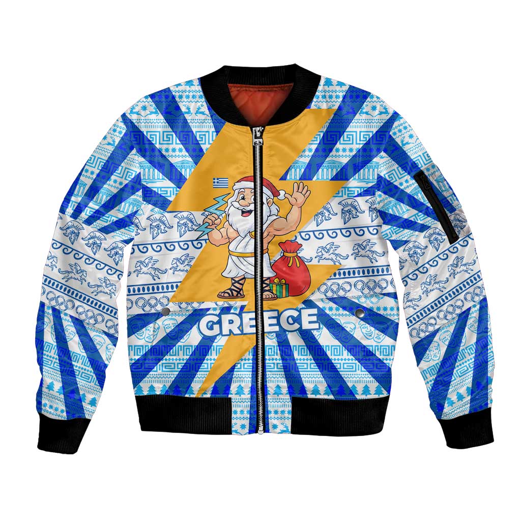 Greece Christmas Sleeve Zip Bomber Jacket with Zeus Santa Greek Flag Lightning Bolt Gift Bag and Blue Yellow Pattern Design - Wonder Print Shop