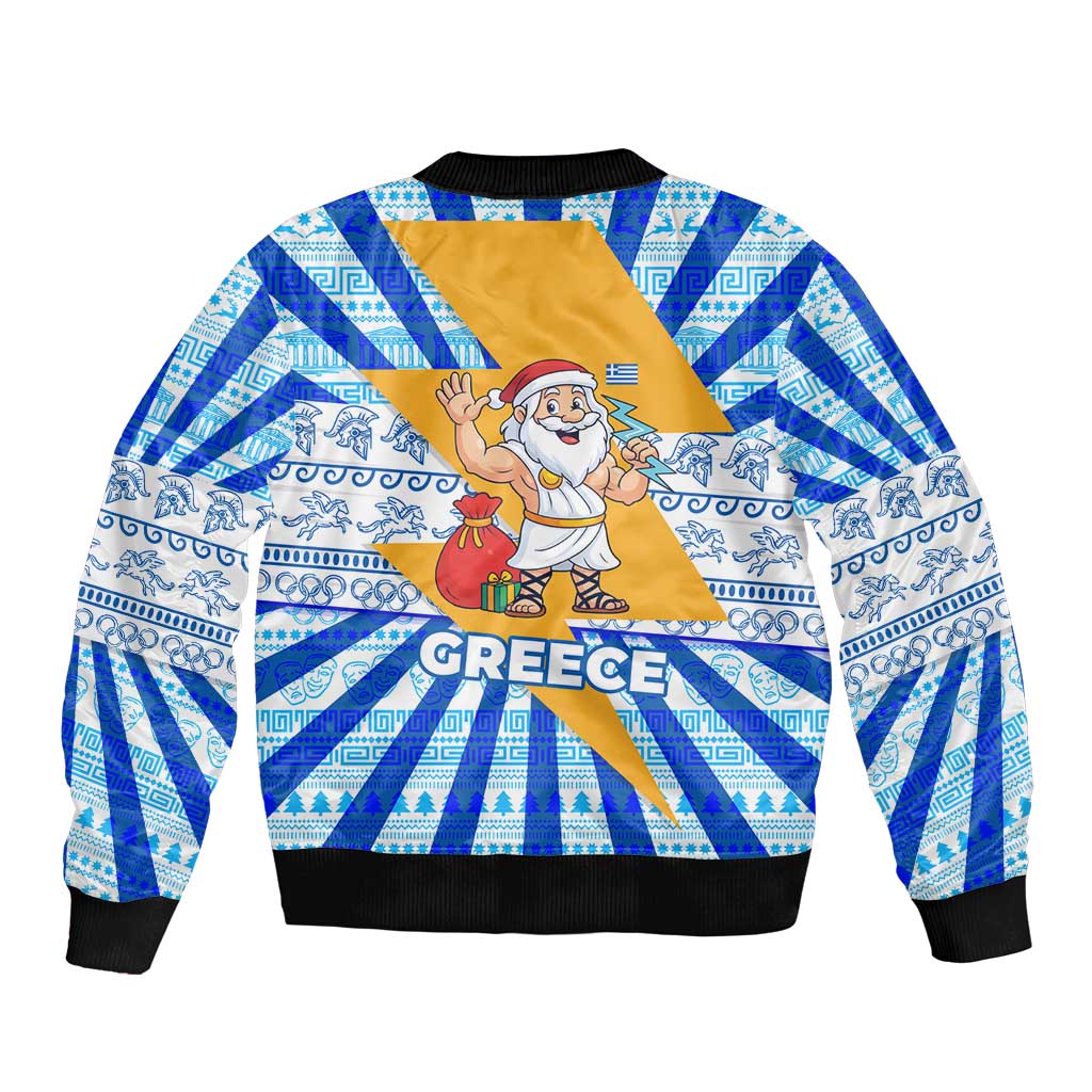 Greece Christmas Sleeve Zip Bomber Jacket with Zeus Santa Greek Flag Lightning Bolt Gift Bag and Blue Yellow Pattern Design - Wonder Print Shop