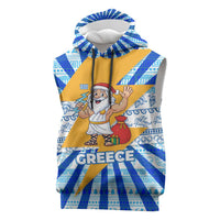 Greece Christmas Sleeveless Hoodie with Zeus Santa Greek Flag Lightning Bolt Gift Bag and Blue Yellow Pattern Design - Wonder Print Shop