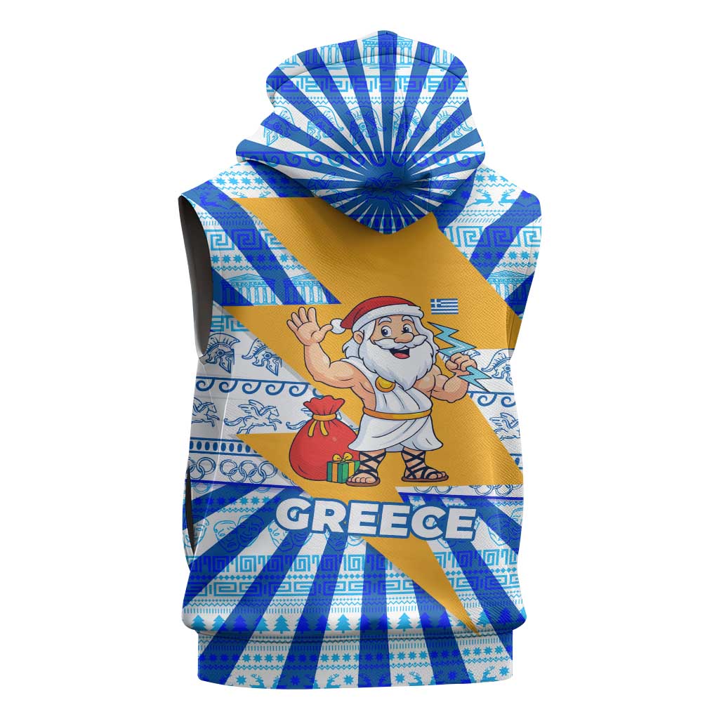 Greece Christmas Sleeveless Hoodie with Zeus Santa Greek Flag Lightning Bolt Gift Bag and Blue Yellow Pattern Design - Wonder Print Shop