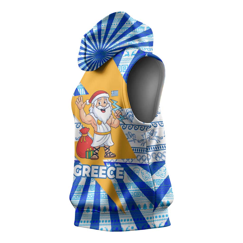 Greece Christmas Sleeveless Hoodie with Zeus Santa Greek Flag Lightning Bolt Gift Bag and Blue Yellow Pattern Design - Wonder Print Shop