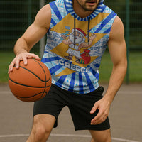 Greece Christmas Sleeveless Hoodie with Zeus Santa Greek Flag Lightning Bolt Gift Bag and Blue Yellow Pattern Design - Wonder Print Shop