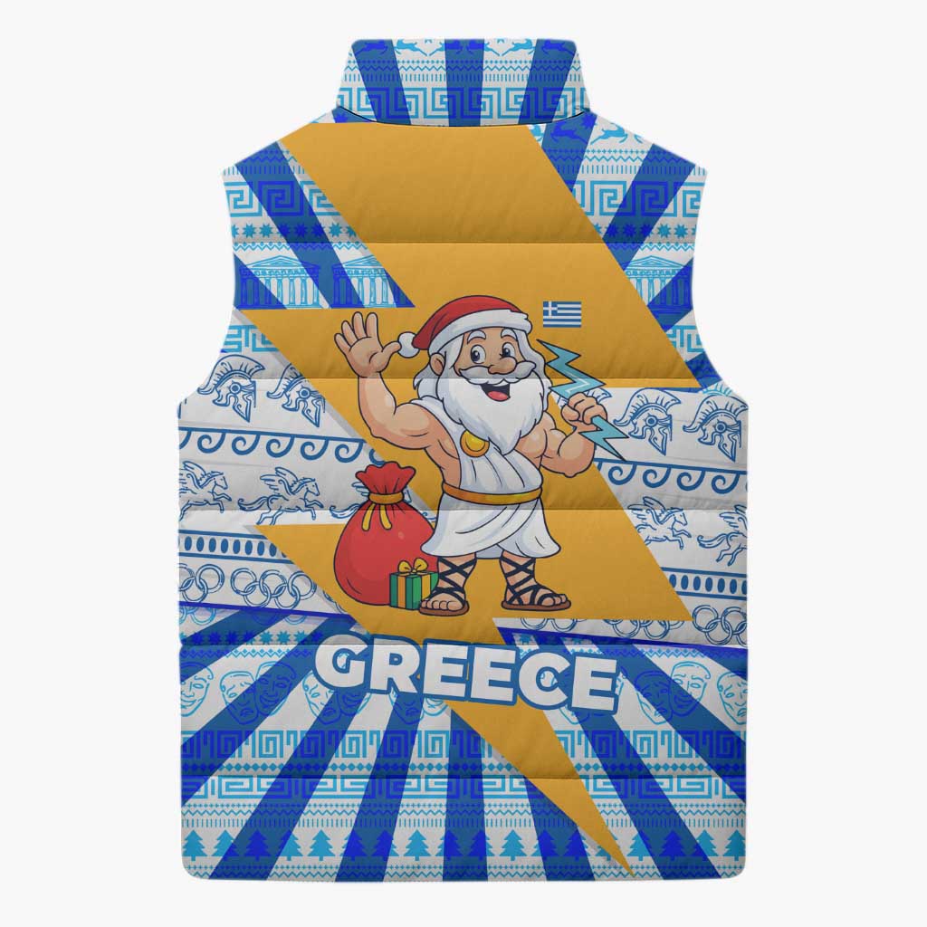 Greece Christmas Sleeveless Puffer Jacket with Zeus Santa Greek Flag Lightning Bolt Gift Bag and Blue Yellow Pattern Design - Wonder Print Shop