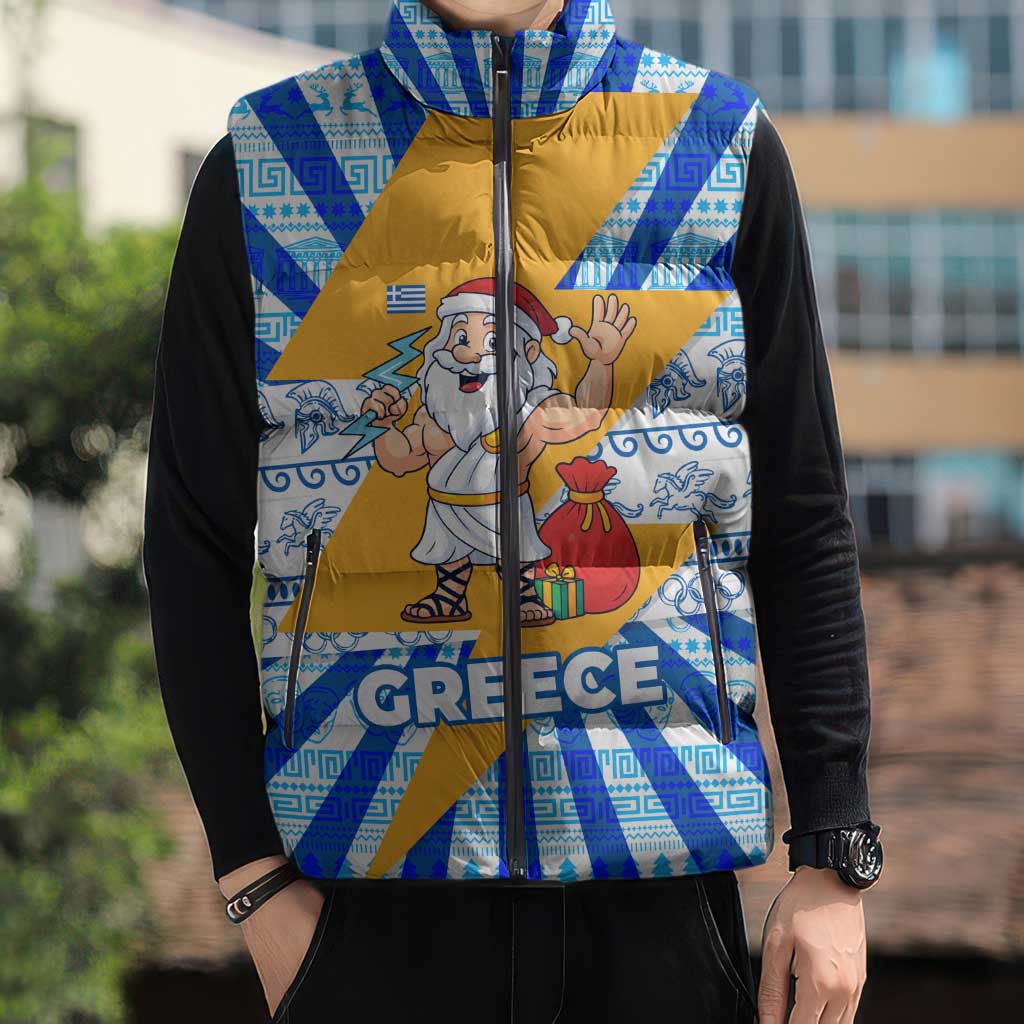 Greece Christmas Sleeveless Puffer Jacket with Zeus Santa Greek Flag Lightning Bolt Gift Bag and Blue Yellow Pattern Design - Wonder Print Shop
