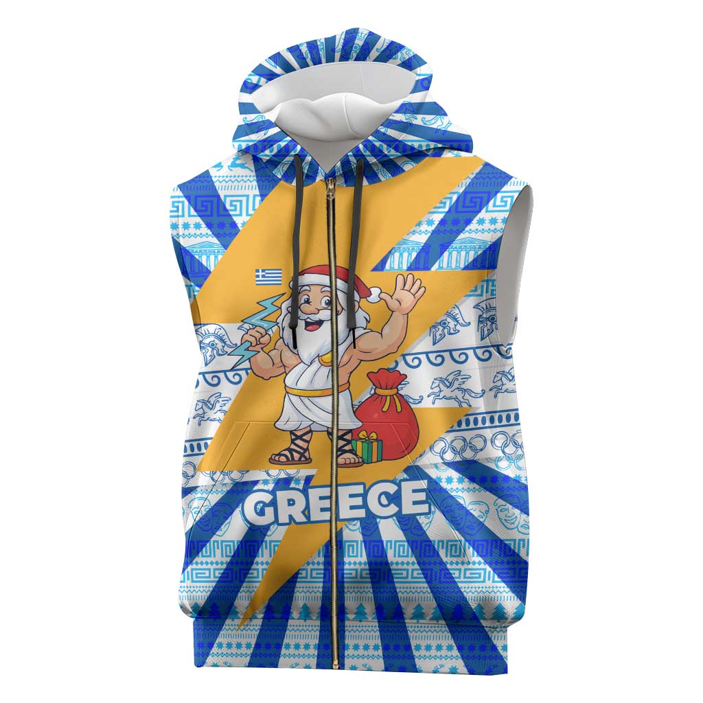 Greece Christmas Sleeveless Zip Hoodie with Zeus Santa Greek Flag Lightning Bolt Gift Bag and Blue Yellow Pattern Design - Wonder Print Shop