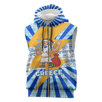 Greece Christmas Sleeveless Zip Hoodie with Zeus Santa Greek Flag Lightning Bolt Gift Bag and Blue Yellow Pattern Design - Wonder Print Shop